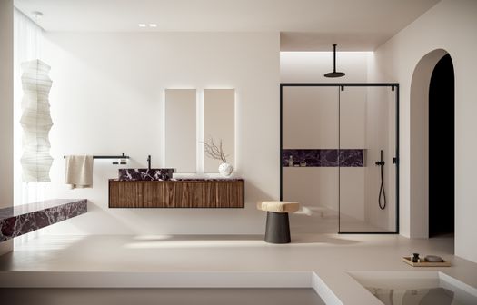 Divo, arredo bagno in legno con lavabo in Marmo Rosso Lepanto