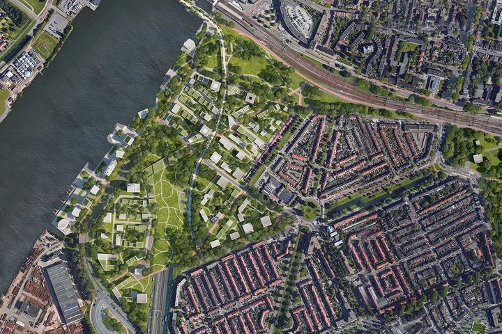 Alberature, filari e vegetazione raffrescano il microclima in Spoorzone Dordrecht di Mecanoo - Dordrecht / Paesi Bassi / 2040 | © Foto: Mecanoo Alberature, filari e vegetazione raffrescano il microclima in Spoorzone Dordrecht di Mecanoo - Dordrecht / Paesi Bassi / 2040 | © Foto: Mecanoo