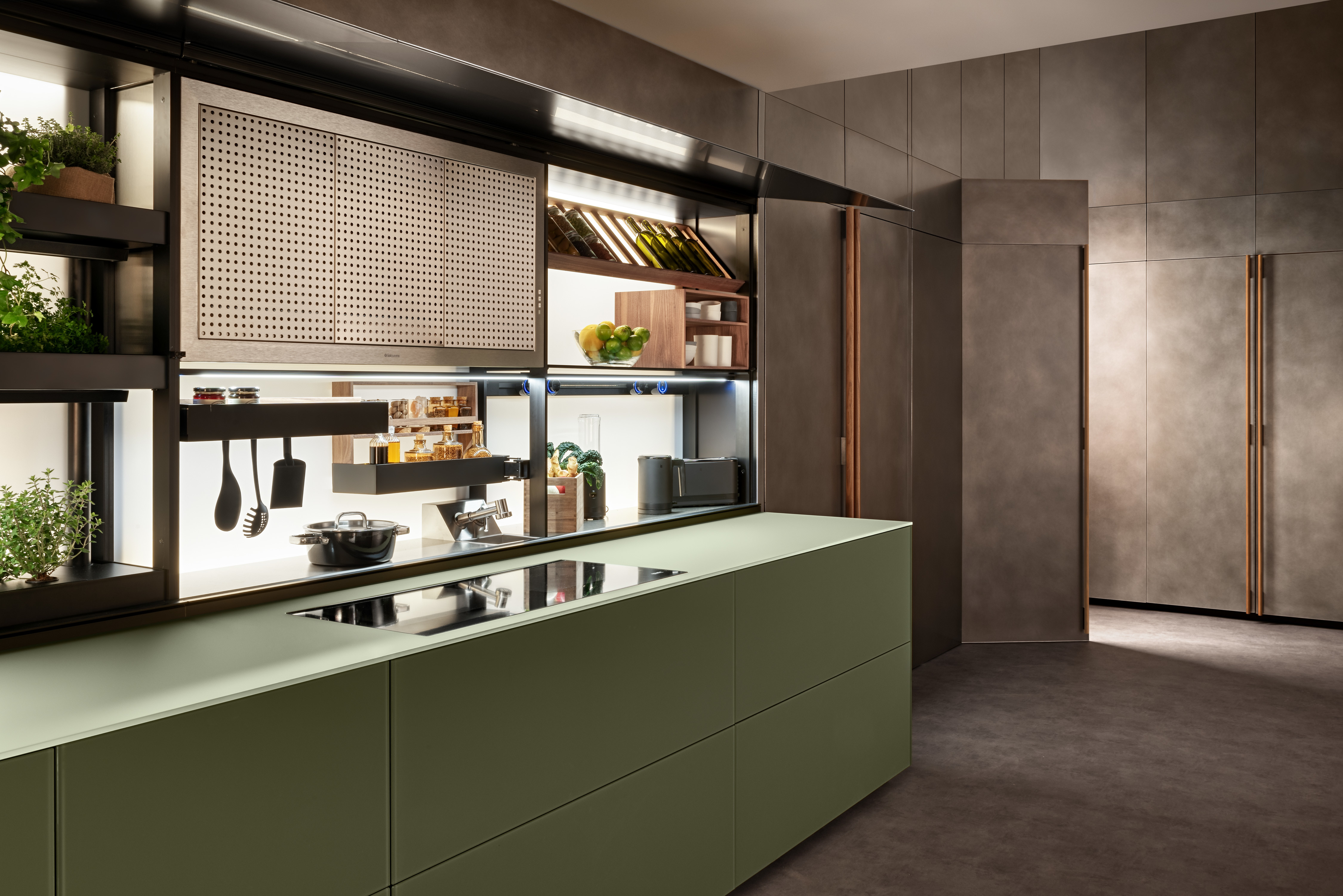 Valcucine Forma Mentis – Kompakte Designküche Salbeigrün – Beige Taupe matt
