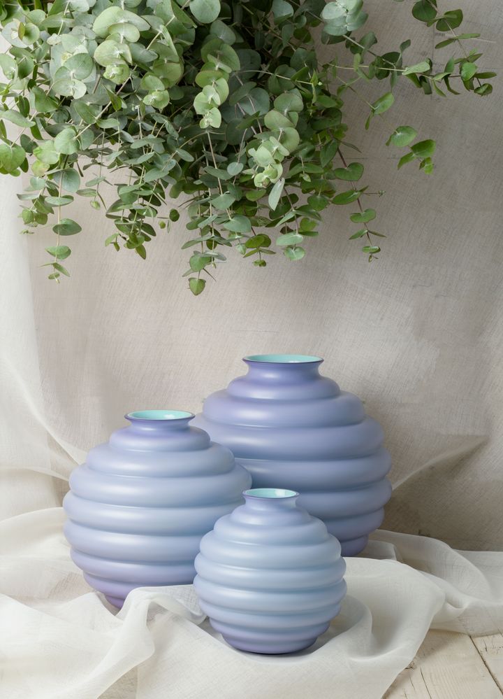 Murano Venini glass vases in lilac and mint colours