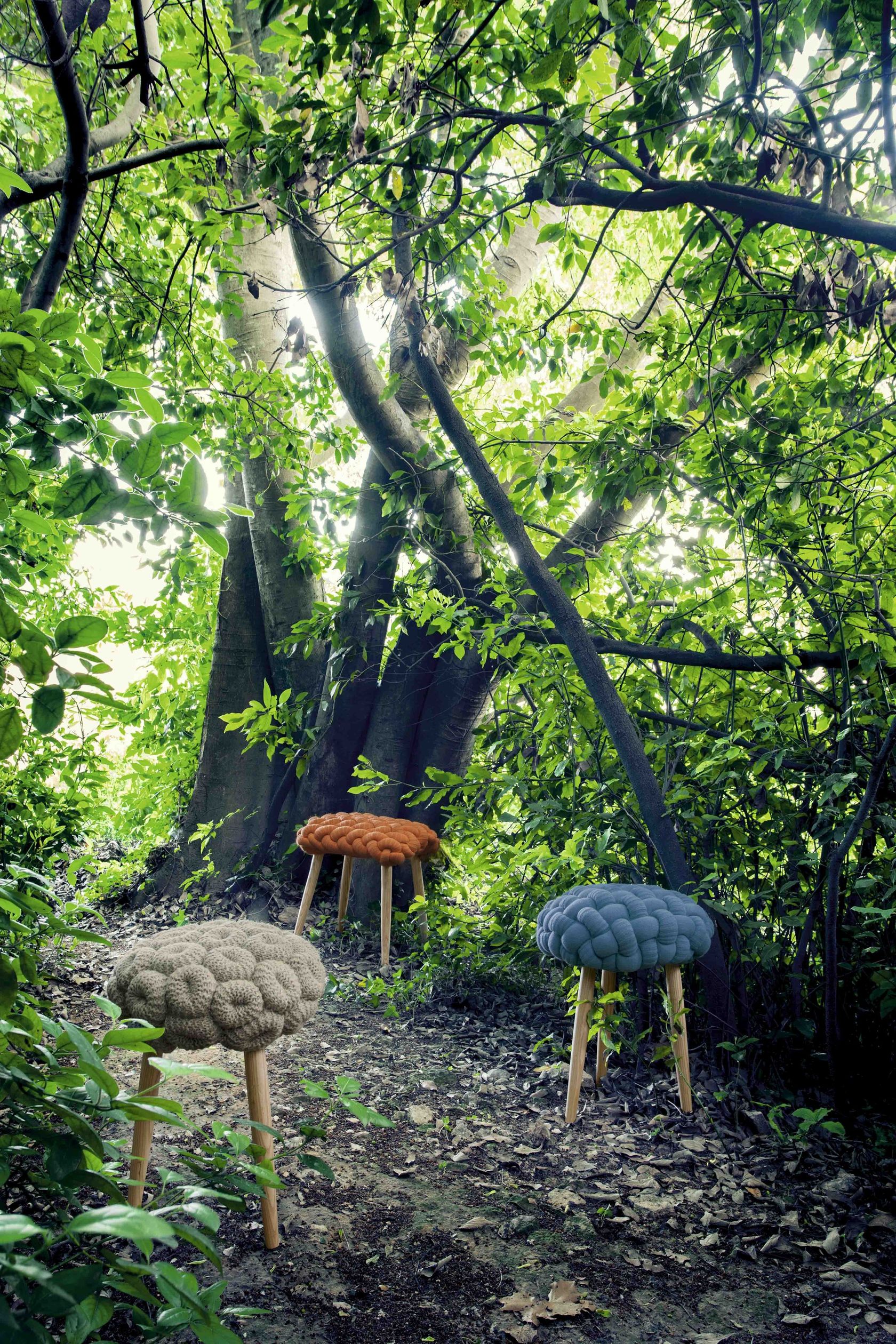 Upholstered wool stool BLUE KNITTED STOOL By GAN design ClaireAnne O'Brien