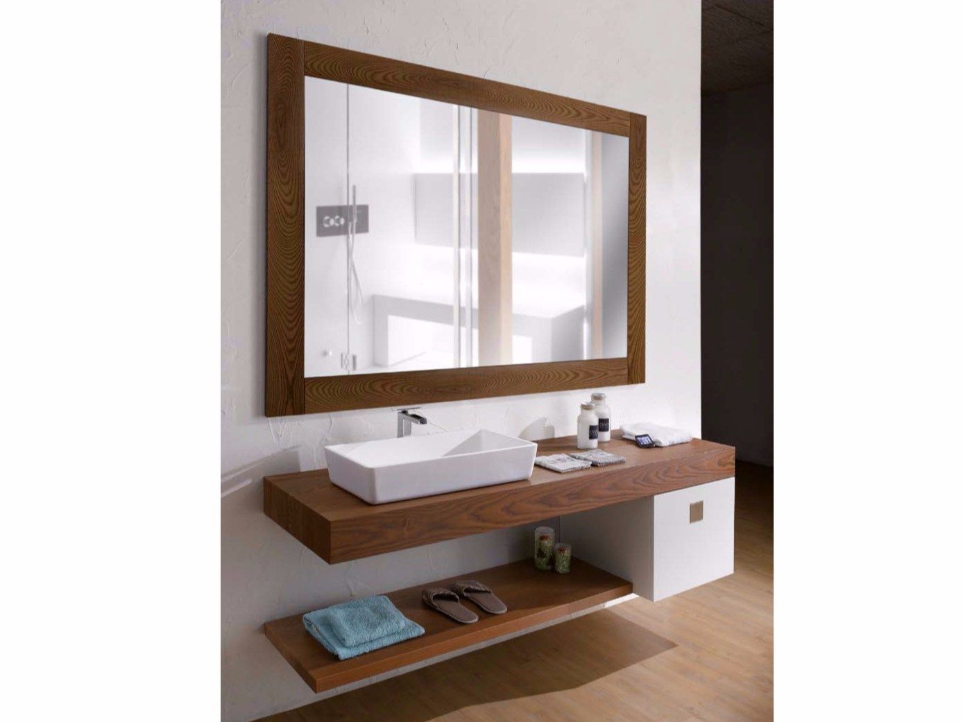 COUNTER Wall-mounted wooden vanity unit with mirror By CARMENTA