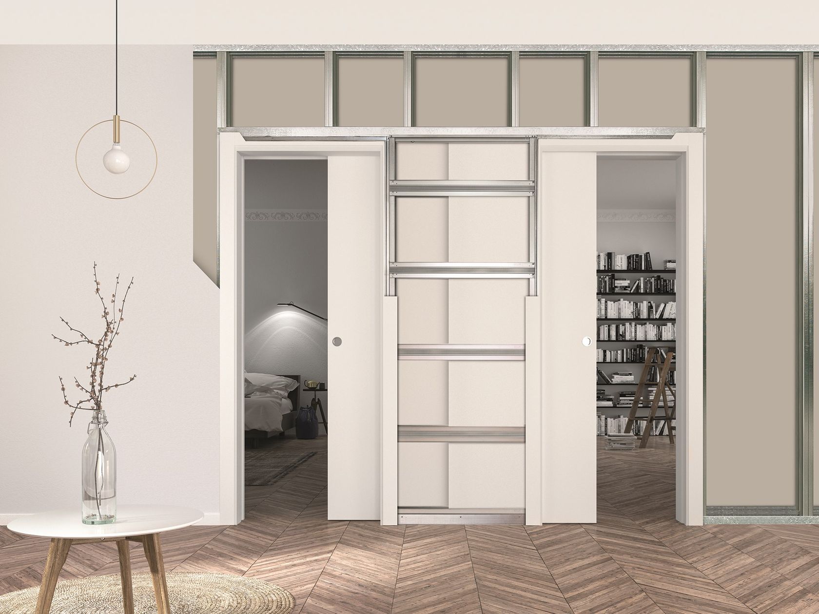 ECLISSE Unilateral Pocket door system for two doors sliding into one