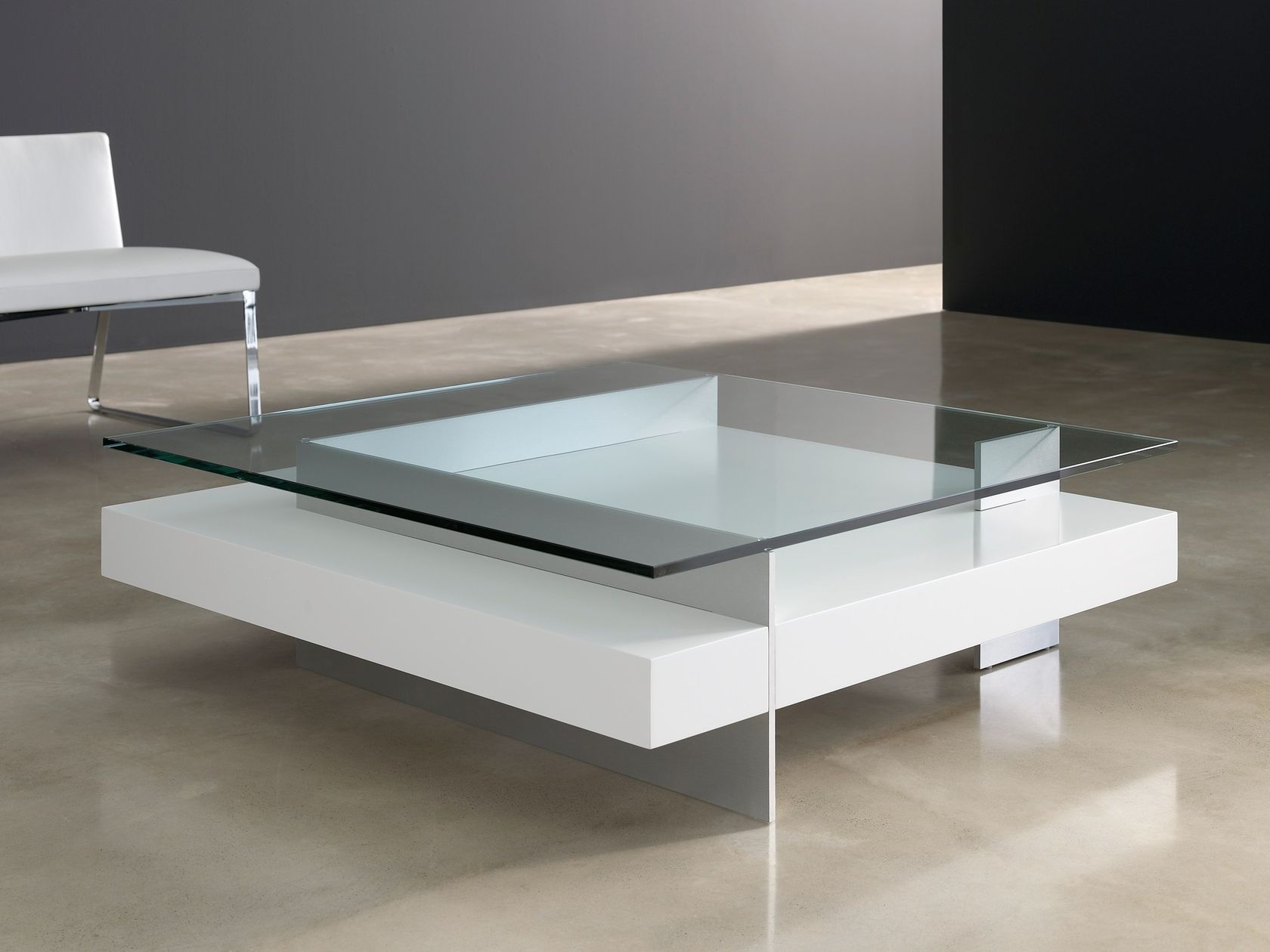 Lacquered square glass coffee table with integrated magazine rack KETEL