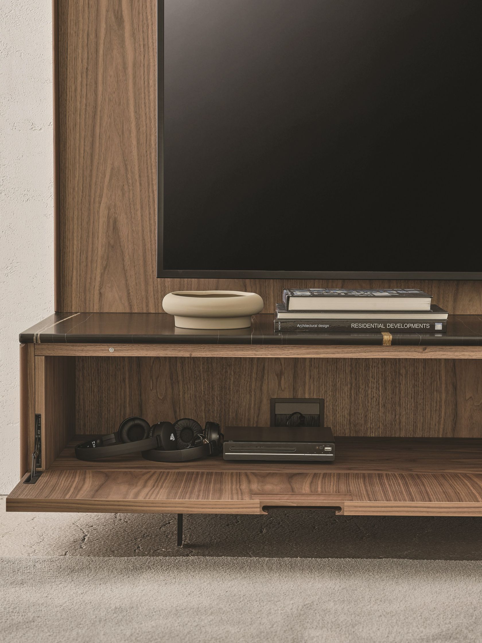 MATICS TV Modular walnut TV with flap doors By Porada