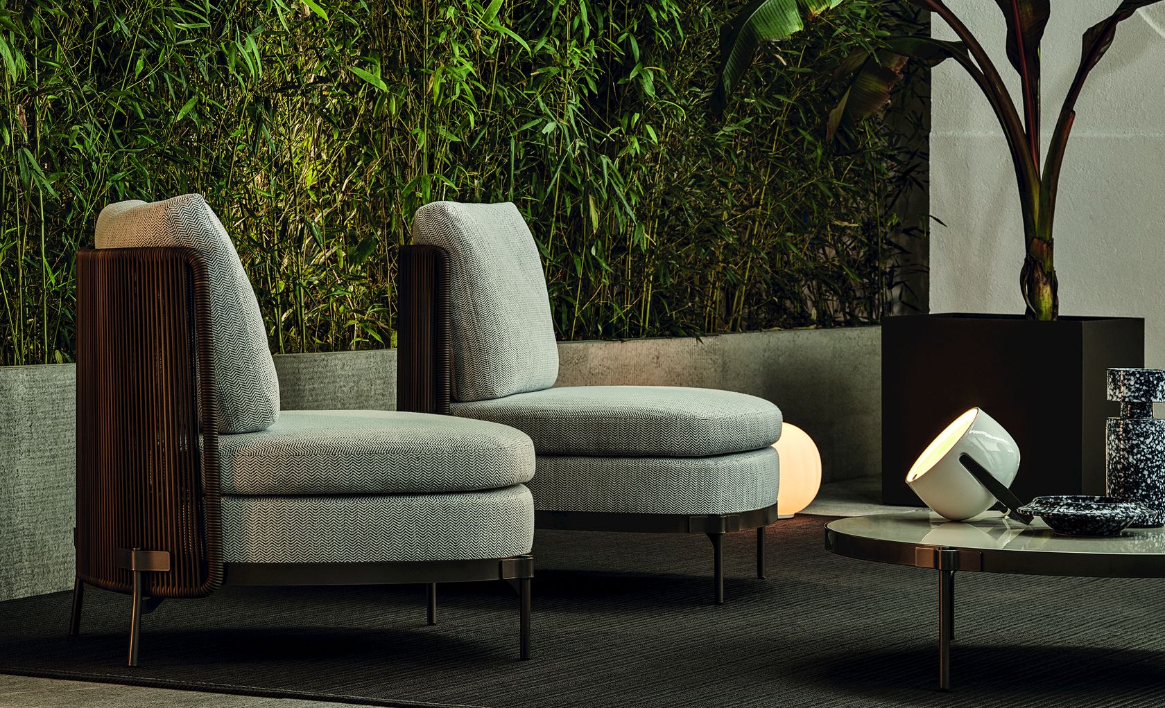 TAPE CORD OUTDOOR Outdoor armchair in fabric By Minotti design Nendo