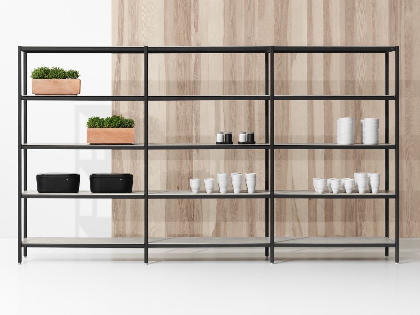 Open freestanding doublesided powder coated steel shelving unit