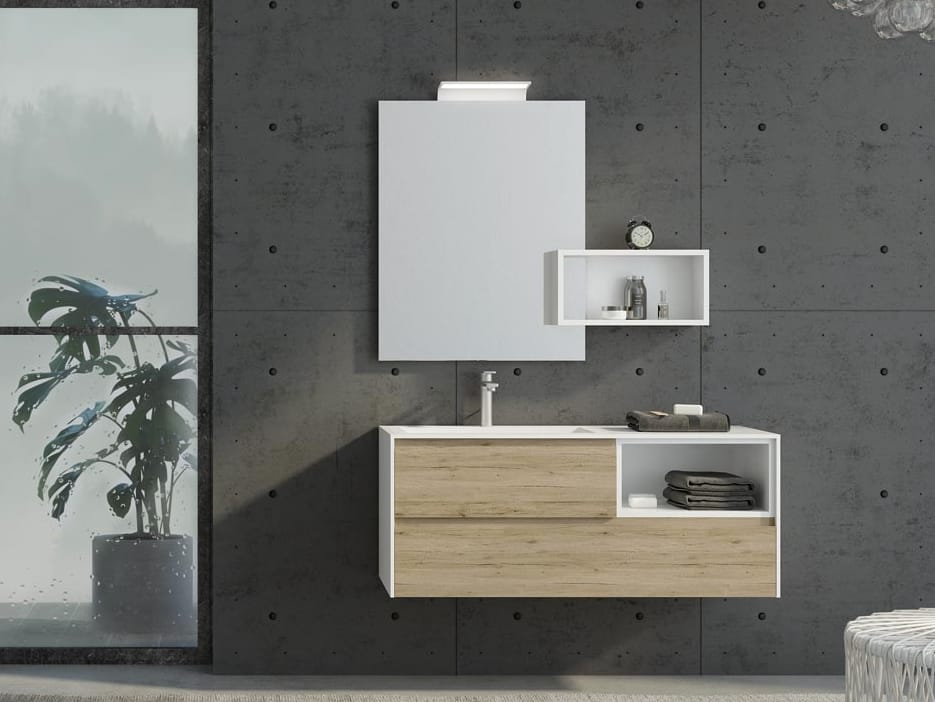 Floorstanding HPL vanity unit with drawers with mirror FREEDOM F33