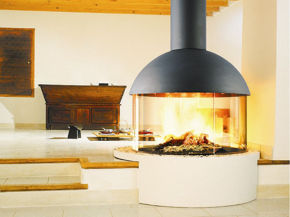 Cheminée ouverte centrale rotative suspendue en acier MEZZOFOCUS By ...