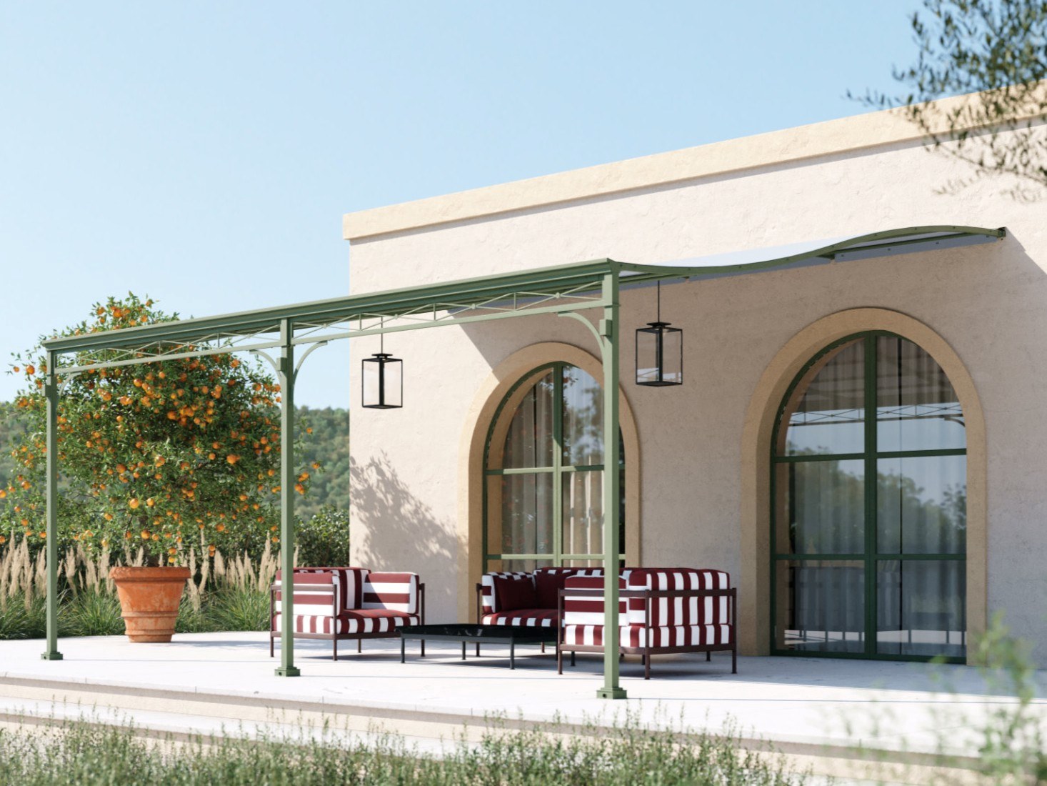 Pergola addossata in acciaio e PVC