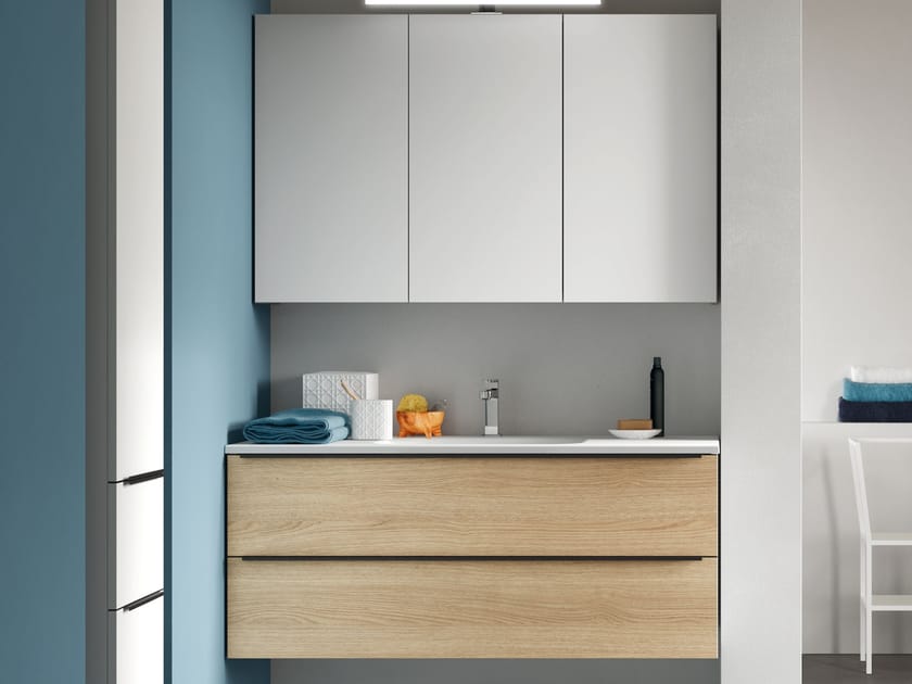 Single wallmounted melaminefaced chipboard vanity unit with mirror 46