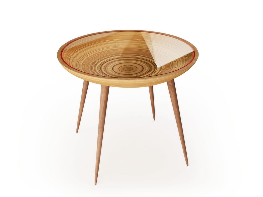 Round wood and glass living room table BIRDS AND DEER COME HERE FOR