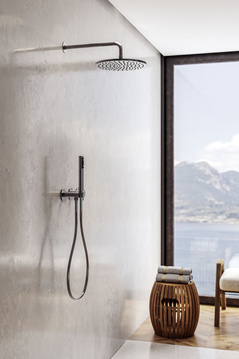 Set Incasso Doccia Con Braccio A Soffitto 32 Cm E Soffione 30 Cm Oro Spazzolato Oasis