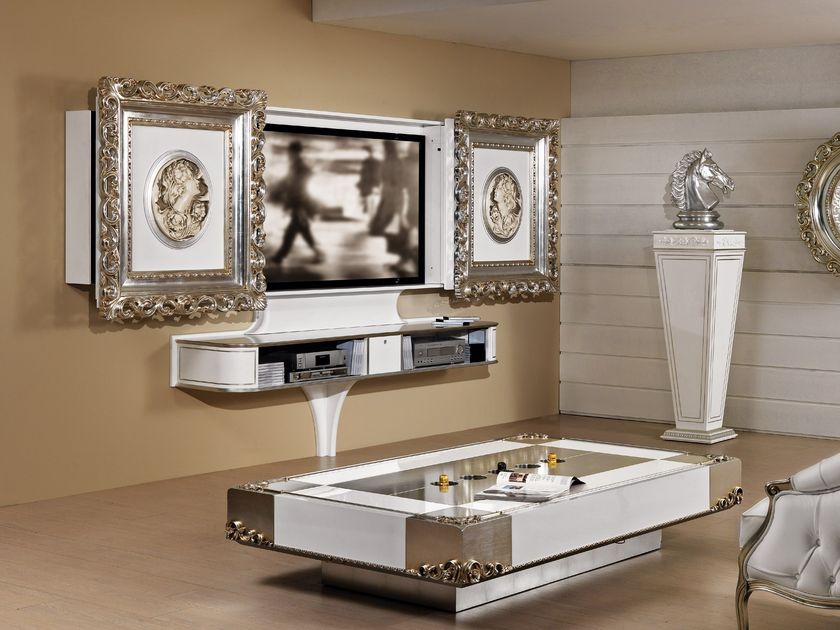 Lacquered motorized wooden TV cabinet with sliding doors CLASSIC ...