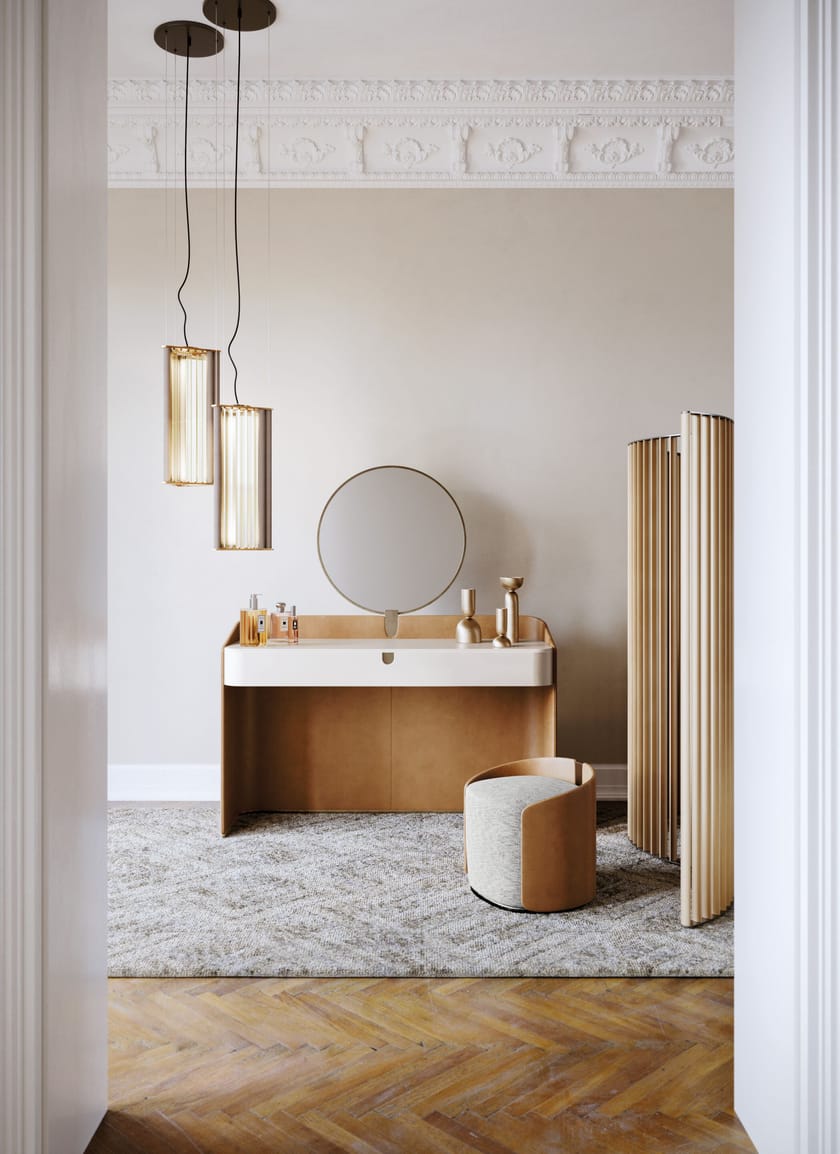 SUITE by Capital Collection - Pouf imbottito rotondo in pelle e tessuto - 3 SUITE by Capital Collection - Pouf imbottito rotondo in pelle e tessuto - 3