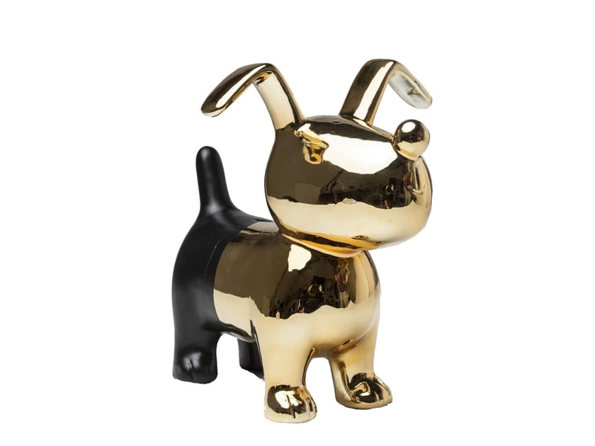 Ceramic money box SITTING ANGEL DOG GOLDBLACK By KAREDESIGN