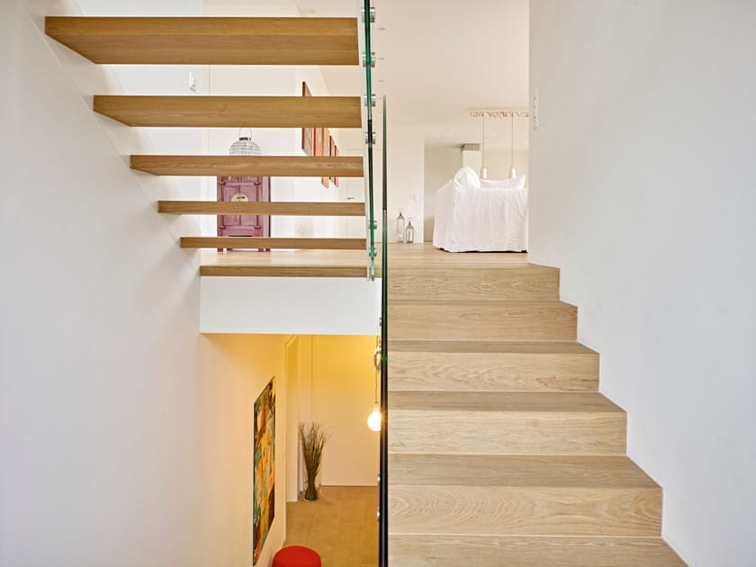 STAIR WITH MATCHING TREAD/RISER Three-crossed-layers wooden covering By ...