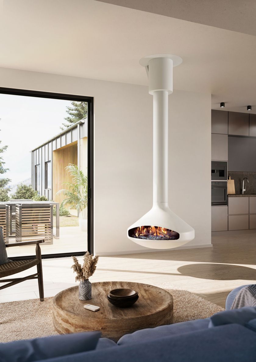 ERGOFOCUS WHITE Central hanging decorative fireplace By Focus creation ...