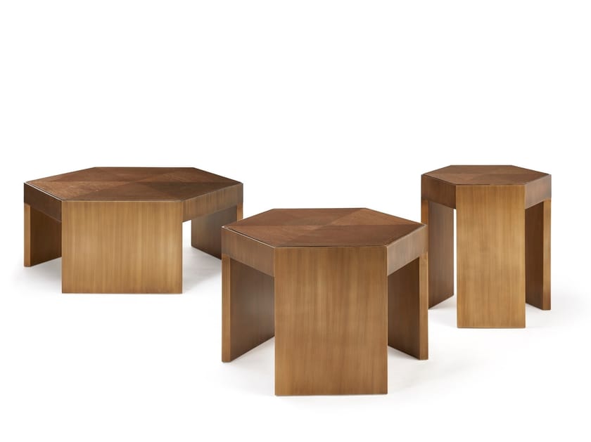 Hexagonal wooden coffee table GUÉRIDONS TRIO By HUGUES CHEVALIER