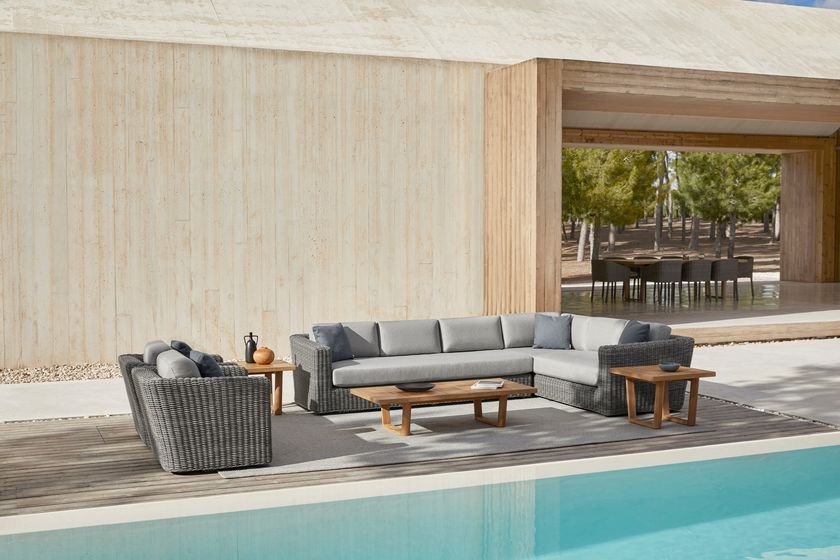 Set Giardino Angolare 4-5 Posti - Divani + Tavolini Con Cuscini Imbottiti