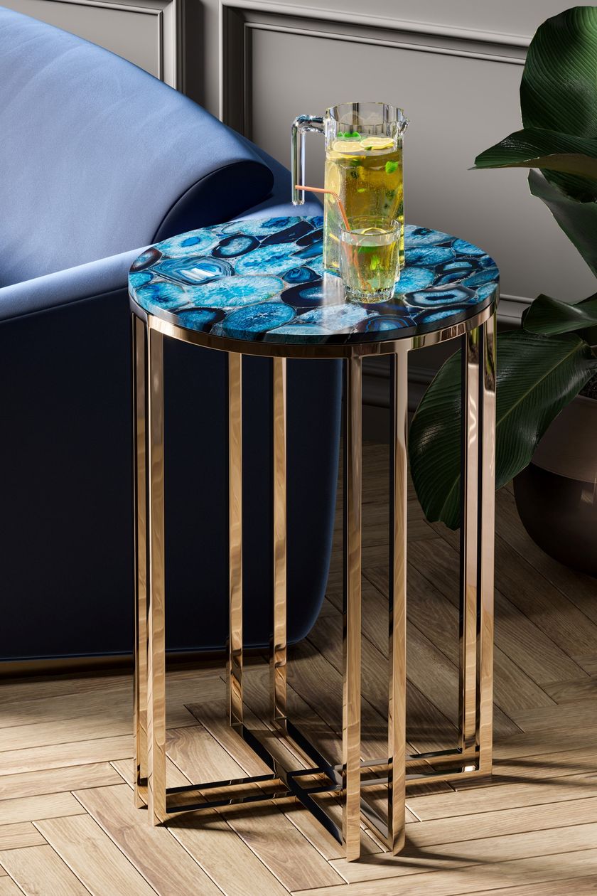 Round coffee table HIGH COFFEE TABLE IN BLUE AGATE & GOLDEN By