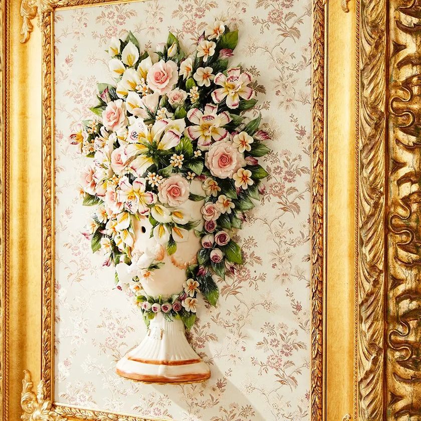 Capodimonte イタリア製　白薔薇　額入り　壁掛け Quadro con Ceramica di Capodimonte LARGAORO - Italia Cornici