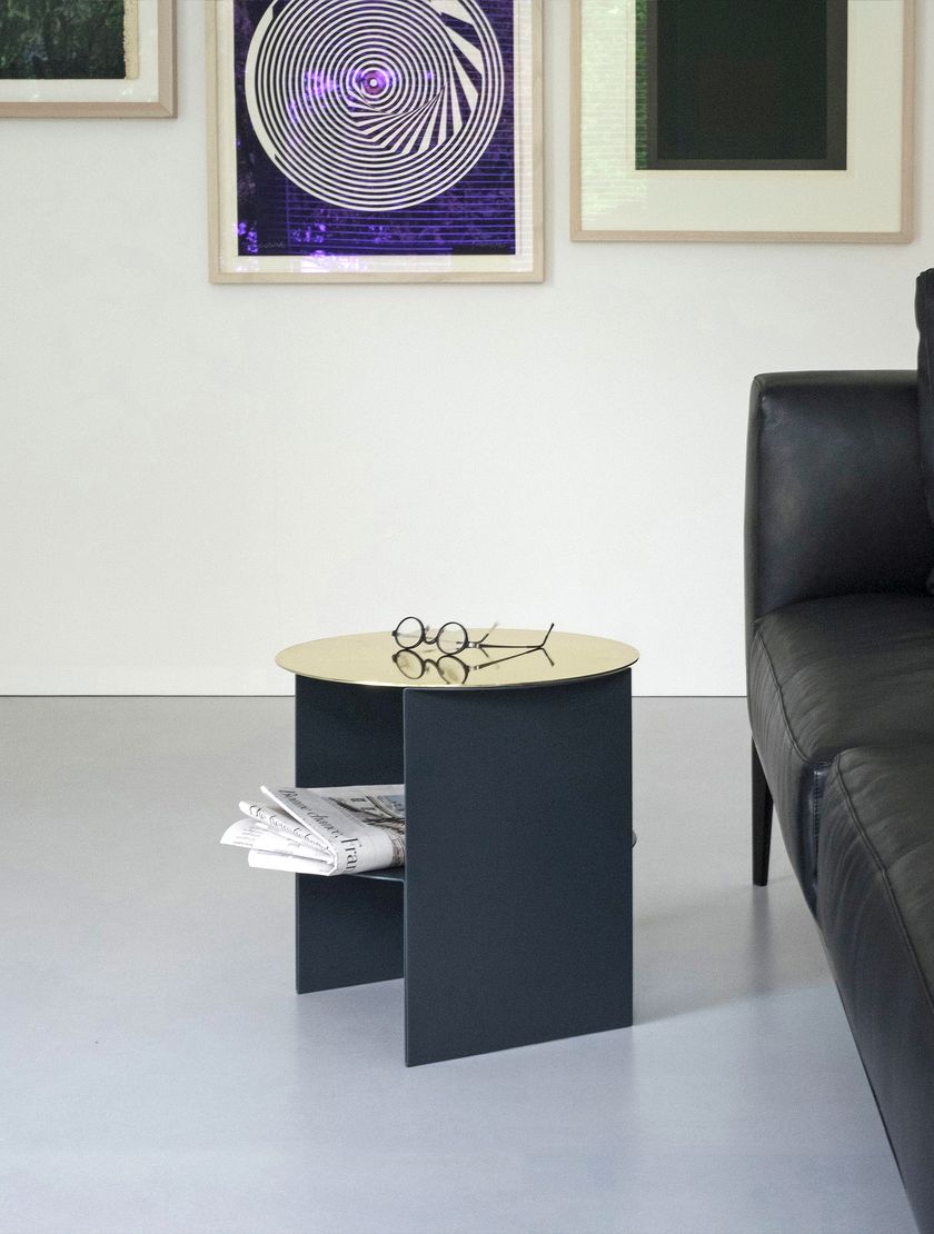 Tavolino Sottile 2 In 1 Con Portariviste In Metallo, Design Industriale, Per Piccoli Spazi, Colore Nero - 2