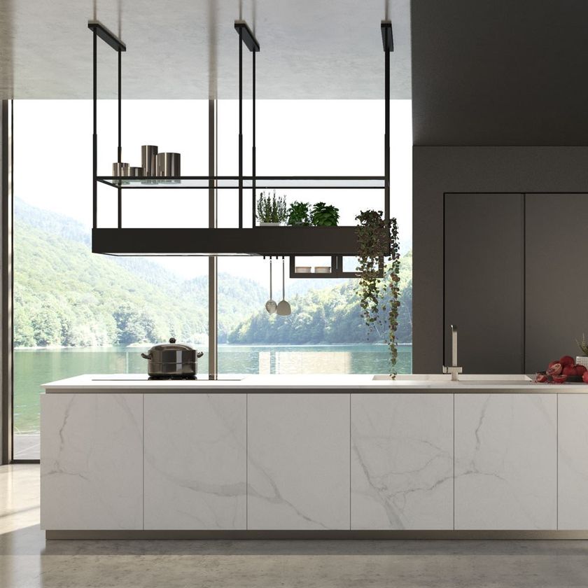 Stainless steel island hood with activated carbon filters with