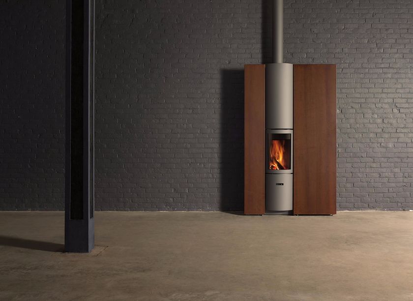 Wood-burning wall-mounted stainless steel stove for air heating STÛV 30 ...