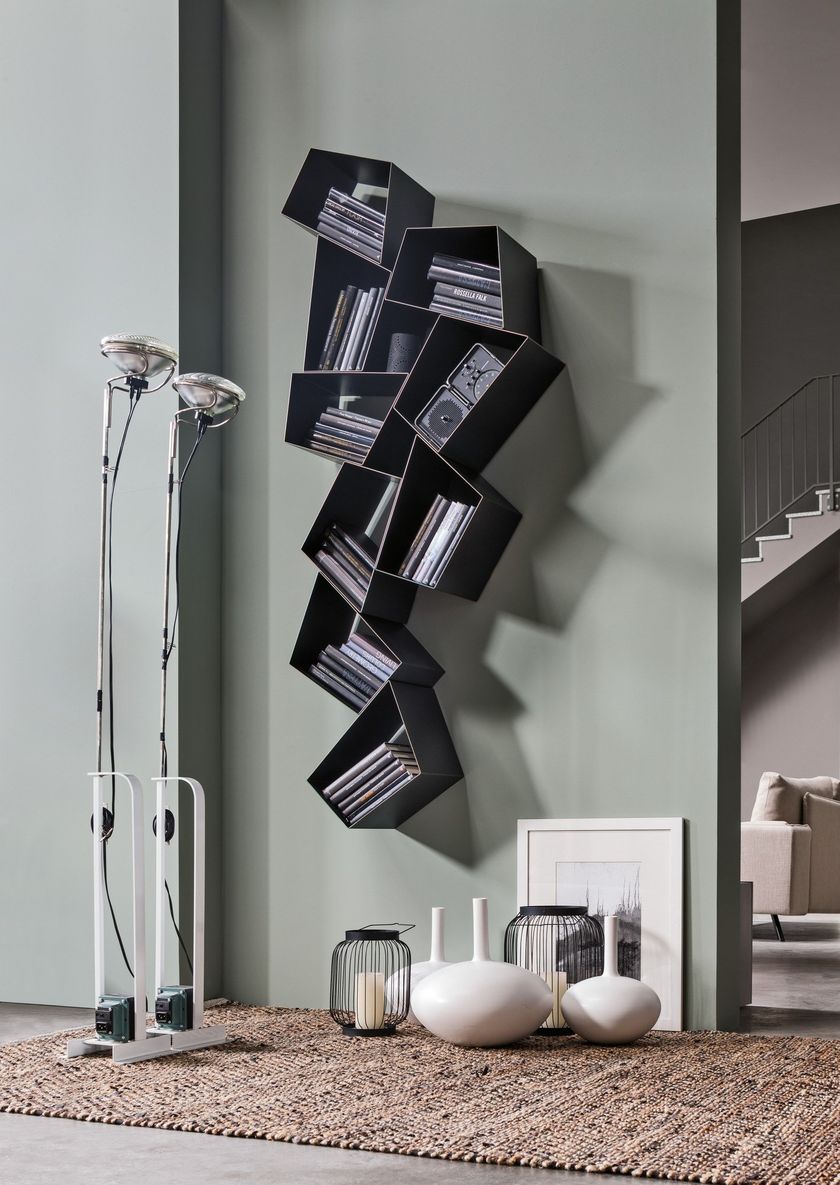 Libreria Sospesa A 5 Ripiani In Metallo – Design Geometrico Sfalsato, 170x46 Cm, Per Casa E Ufficio, Nero - 2