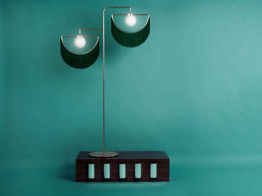 Tomasucci Lampada Da Terra Mataró Design - 3 Luci, Struttura Metallica, Paralumi In Tessuto Colorato E Plastica Oro - H162 Cm