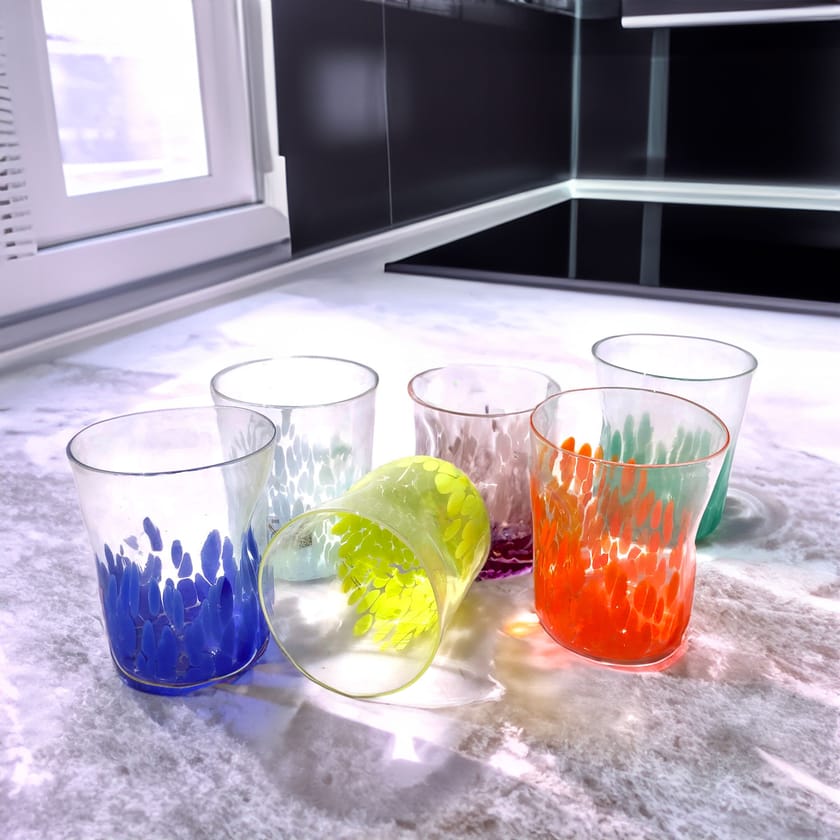 Bicchieri Di Murano Soffiati A Mano - Set Da 6, 350ml, Colore Arancione, Vetro Artistico Veneziano