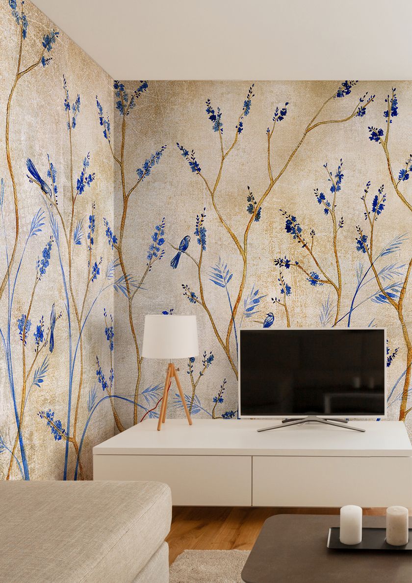 Papier Peint écologique Petits Oiseaux Blanc Bleu - 8 Feuilles, 5.5 M², Amovible, Italie