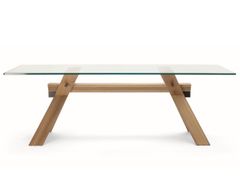 Tavolo rettangolare con base in legno massello e piano in cristallo&nbsp;PIANA - BROSS ITALIA
