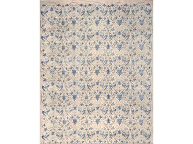 Patterned rectangular wool and silk rug CELADON IN SKY BLUE & CREAM 1 Zollanvari