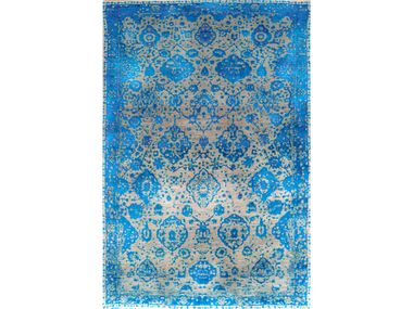 Patterned rectangular wool rug ABRASHED FLORAL CARTOUCHES IN BLUE ON SILVER GREY Zollanvari