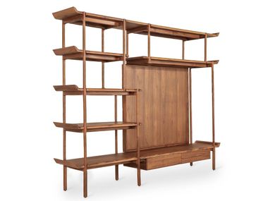 Open freestanding teak bookcase with TV stand INDAH Alankaram