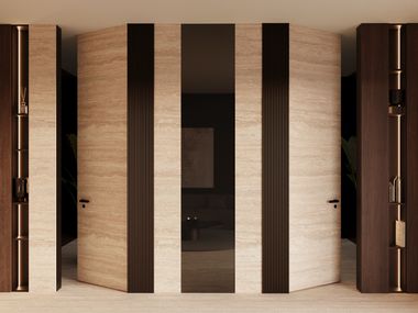 Canaletto-Nussbaumvertäfelung und Travertin-Marmor BOISERIE BRONZATA BI.CI.