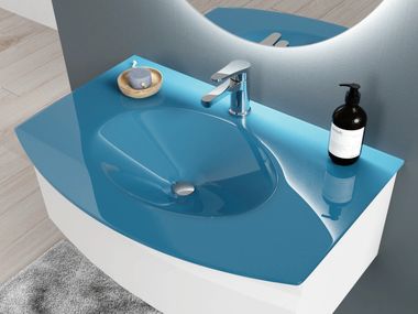 Wall-mounted tempered glass washbasin with integrated countertop CAIMA BISELARTE