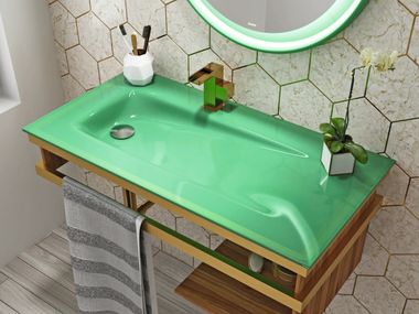Rectangular wall-mounted Thermoformed glass washbasin with integrated countertop SINGLE BISELARTE