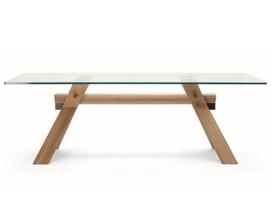 Rectangular table with solid wood base and glass top PIANA BROSS