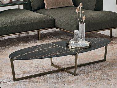 Oval low steel coffee table with SuperMarble top CROSS Bontempi