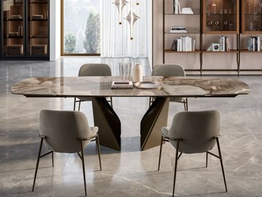 Tavolo da pranzo a botte allungabile con base in metallo e piano in marmo KALEIDO Bontempi
