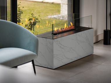 Open freestanding bioethanol Dekton® fireplace CALACATTA BOX