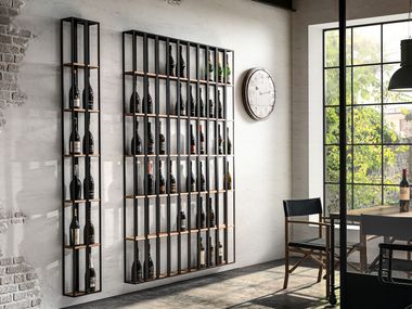 Wall-mounted steel and wood bottle rack BIBLIO Canel Fucina Design