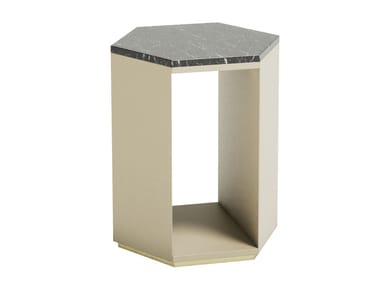 Tavolino alto esagonale in legno con piano in marmo DEDALO