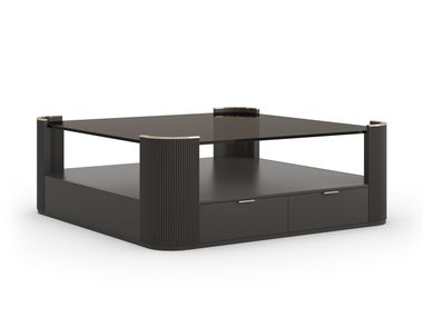 Square wood and glass coffee table with storage space LOVE Caracole