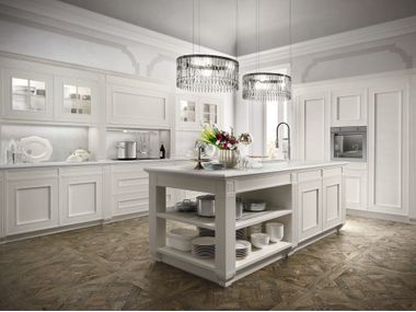 Wood veneer kitchen without handles with island MELOGRANO 03 Composit