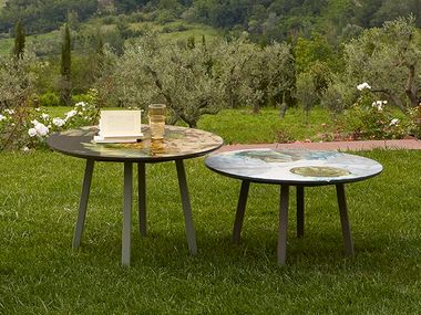 Hand-painted lava stone and stainless steel coffee table IMPERO DOMIZIANI