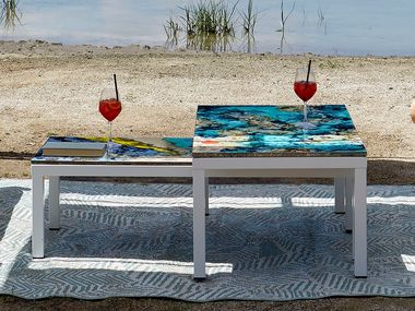 Hand-painted lava stone and stainless steel coffee table SPALATO DOMIZIANI